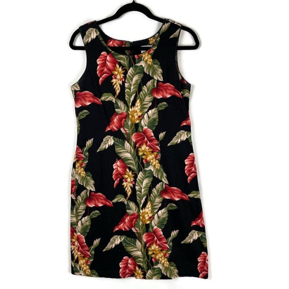 VTG WMN Hawaiian Print Aloha Luau Shift Dress Black Floral Size M Young Hawaii